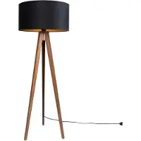 QAZQA Golvlampa valnötsträ med svart skärm med guldfärgad insida 50 cm - Tripod Classic