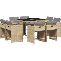 vidaXL Matgrupp för trädgården med dynor 9 delar mixbeige konstrotting