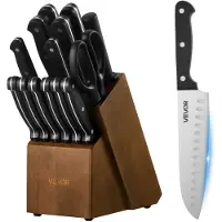 Vevor Köksknivset med block och slipare, 15-delat tyskt knivset i rostfritt stål med hög kolhalt, köksbestick med ergonomiskt ABS-handtag, slipstång och träblock, för hemmakockar