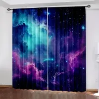 Yiran Furniture 2 st Galaxy Glittrande Stjärnor Gardiner, Stångficka Yttre Rymden Stjärnklar Himmel Stjärntryckta Gardiner, Fönsterdraperier För Vardagsrum Kök W65X60H(cm)X2Pcs&Hook blue