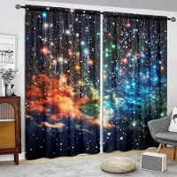 Household supplies MH 2 st Galaxy Glittrande Stjärnor Gardiner, Stångficka Yttre Rymden Stjärnklar Himmel Stjärntryckta Gardiner, Fönsterdraperier För Vardagsrum Kök W65X60H(cm)X2Pcs&Grommet Top