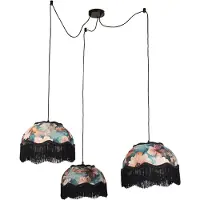QAZQA Pendellampa svart med blommig skärm och vit insida 31,5 cm 3-ljus - Cava