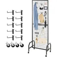 Vevor Väggpanel med rutnät, 600 x 1640 mm trådgallerpaneler, flyttbar konsthylla med hjul och 10 krokar, svart rutnät i kolstål för hantverksutställning, dekoration, förvaring, anslagstavla