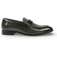 Infinity Leather Herr Olivgröna Loafers med Texturerad Framsida och Ikoniskt Spänne och Rosett