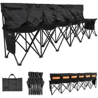 Vevor Bärbar Hopfällbar Bänk, 6-sits Fotbollsbänk med Flera Förvaringsfickor och Bärväska, Lätt Sidlinjesittplats med Ryggstöd för Fotboll, Baseboll, Camping, Utomhusevenemang, Svart