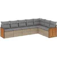 vidaXL Matgrupp för trädgården med dynor 7 delar beige konstrotting