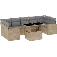 vidaXL Matgrupp för trädgården med dynor 8 delar beige konstrotting