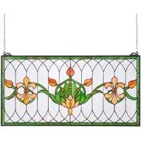 Vevor Glaspanel i målat glas, 810 x 433 mm, hängande överljuspanel i Tiffany-stil med kedja, stor horisontell rektangulär glaspanel i färgat glas, traditionellt konsthantverk för köksinredning