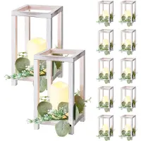 Vevor 12-set/36 st trälyktor mittpunktsdekoration för bröllop, inkluderar 12 trälyktor, 12 flamlösa LED-ljus, 12 eukalyptusbladskransar för bröllopsbordsfest, lantlig dekoration, vit