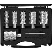 Vevor ringformigt skärset, 6 st universalskaft Mag-borr, 2" skärdjup, 1" till 2" skärdiameter, M2AL höghastighetsstål, med 2 pilotstift och bärbart fodral, för användning med magnetiska borrar