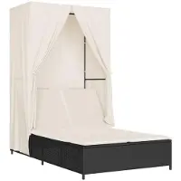 vidaXL Dubbel chaise longue med tak och svarta gardiner av flätad resin, solstol, utomhussäng, dagsäng 368099