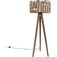 QAZQA Golvlampa valnötsfärgad trästativ med brun och beige randig skärm 50 cm - Tripod Classic