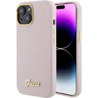 GUESS Silikon Script Metal Logo & Frame fodral för iPhone 15 - rosa