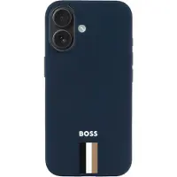 BOSS Matte-blue iPhone 16 case with signature-stripe branding