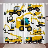 Yiran Furniture 2 st Tecknade Bilar Lastbil Fönsterdraperier, Grävmaskin Traktor Lastbilar Öljetgardiner Pojkar Byggtema Gardin för Sovrum W70H165(CM)x2pcs&HOOK