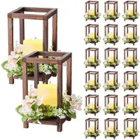 Vevor 20-set/60 st. trälyktor för bröllop, inkluderar 20 trälyktor, 20 flamlösa LED-ljus, 20 champagnefärgade blomsterkransar för bröllopsbordsfest, lantlig dekoration, brun