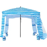 Vevor Strandcabana, 1,83 x 1,83 m strandtak med sidovägg, UPF 50+ skydd, lättuppsatt cabanatält med sandfickor, bärbart solskydd för hela familjen och vänner, blå ränder