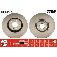 TRW Bromsskiva DF4358S fram, ventilerad, höggradigt förkolnad, 1 Stycke