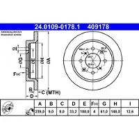 Ate Bromsskiva 24.0109-0178.1 bak, full, 1 Stycke
