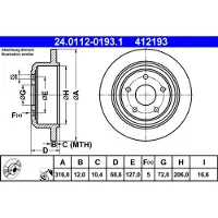 Ate Bromsskiva 24.0112-0193.1 bak, full, 1 Stycke