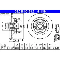 Ate Bromsskiva 24.0111-0184.2 bak, full, 1 Stycke