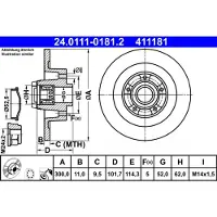 Ate Bromsskiva 24.0111-0181.2 bak, full, 1 Stycke