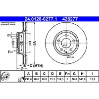 Ate Bromsskiva 24.0128-0277.1 fram, ventilerad, 1 Stycke