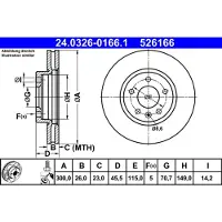 Ate Bromsskiva 24.0326-0166.1 fram, slits, ventilerad, 1 Stycke