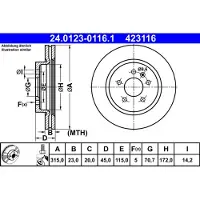 Ate Bromsskiva 24.0123-0116.1 bak, ventilerad, 1 Stycke