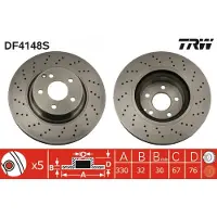 TRW Bromsskiva DF4148S fram, perforerad, slits, 1 Stycke