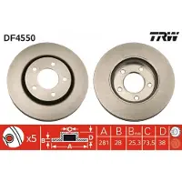 TRW Bromsskiva DF4550 fram, ventilerad, höggradigt förkolnad, 1 Stycke
