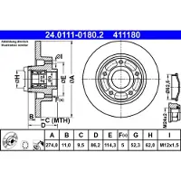 Ate Bromsskiva 24.0111-0180.2 bak, full, 1 Stycke