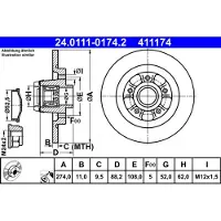 Ate Bromsskiva 24.0111-0174.2 bak, full, 1 Stycke