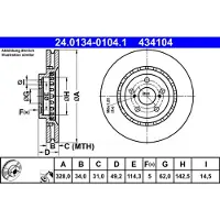 Ate Bromsskiva 24.0134-0104.1 fram, ventilerad, 1 Stycke