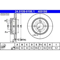 Ate Bromsskiva 24.0109-0186.1 bak, full, 1 Stycke