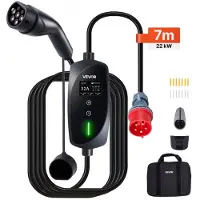 Vevor Mobil Väggbox, 22 kW 32A, Typ 2 Bärbar Laddare för Elbilar, 3-fas Elbilsladdare med 7 m laddningskabel, CEE32-kontakt, LCD-skärm, Justerbar Laddstation för Elbilar, IP66 Kontrollbox