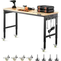 Vevor 1524 mm justerbar arbetsbänk, 907 kg belastning, arbetsbänk med eluttag, hjul och hylsplatta, kraftig arbetsbord i ekträ för garage, verkstad, kontor och hem