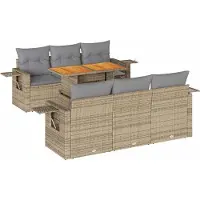 vidaXL Matgrupp för trädgården med dynor 7 delar beige konstrotting