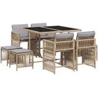 vidaXL Matgrupp för trädgården med dynor 9 delar mixbeige konstrotting
