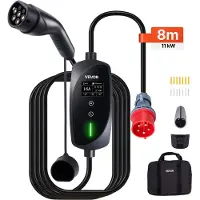 Vevor Mobil Väggbox, 11 kW 16A, Typ 2 Bärbar Laddare för Elbilar, 3-fas Elbilsladdare med 8 m Laddkabel, CEE16-kontakt, LCD-skärm, Justerbar Laddstation för Elbilar, IP66 Kontrollbox