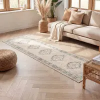 FRAAI Vintage-löpare | Spring Medaillon gräddvit/grön | 80x250 cm | Polypropen | Medaljong | Löpare | Låg lugg