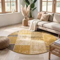 FRAAI Rund patchwork matta | Spring Patchwork gul/taupe | Ø 100 cm | Polypropen | Lappteknik | Rund | Låg lugg