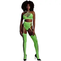 Ouch! Glow In The Dark Two Piece With Crop Top And Stockings Green OS