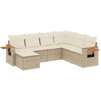 vidaXL Matgrupp för trädgården med dynor 7 delar beige konstrotting