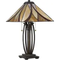 QUOIZEL Tiffany bordslampa Ashville, Brun / mässing, Vardagsrum / matsal, Metall, Tiffany, Bordslampa