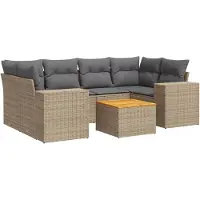 vidaXL Matgrupp för trädgården med dynor 7 delar beige konstrotting