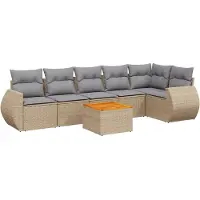vidaXL Matgrupp för trädgården med dynor 7 delar beige konstrotting