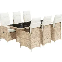 vidaXL Caféset för trädgården 7 delar med dynor beige konstrotting