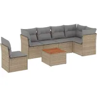 vidaXL Matgrupp för trädgården med dynor 7 delar beige konstrotting