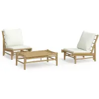 vidaXL 3-delat trädgårdsmöbelset, krämfärgade dynor, bambu